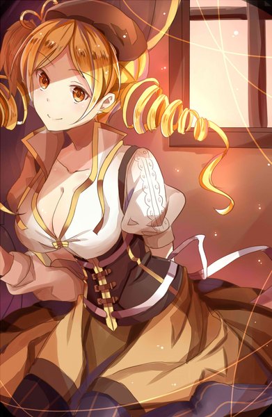 Anime picture 1140x1748 with mahou shoujo madoka magica shaft (studio) tomoe mami gevjon single long hair tall image looking at viewer blush fringe breasts blonde hair smile large breasts cleavage orange eyes drill hair girl thighhighs skirt