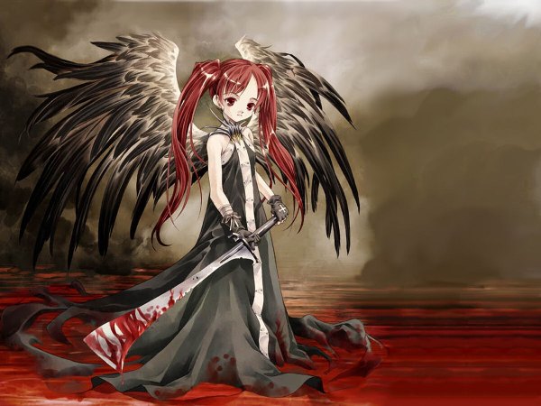 Anime picture 1200x900 with sumi keiichi loli sword wings blood