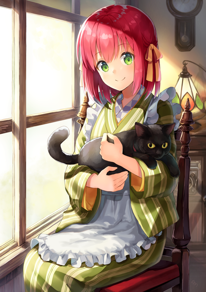 Anime-Bild 1254x1771 mit original nonono (nononotea) single tall image looking at viewer blush fringe short hair smile hair between eyes sitting holding green eyes red hair indoors sunlight maid striped wa maid girl