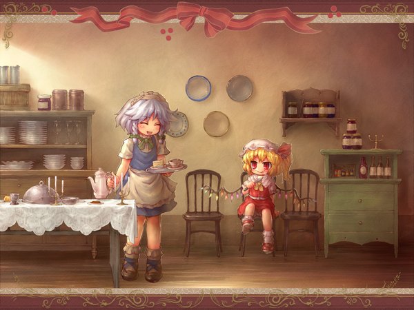 Anime picture 1600x1200 with touhou flandre scarlet izayoi sakuya sankuma short hair blonde hair smile red eyes standing sitting multiple girls silver hair full body indoors braid (braids) eyes closed maid twin braids one side up ^ ^