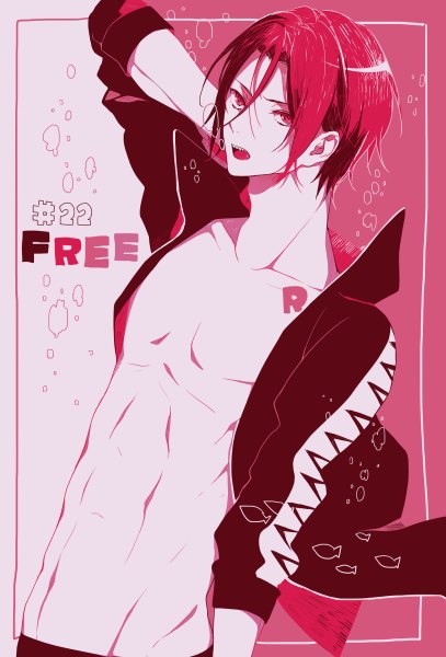 Anime picture 814x1200 with free! kyoto animation matsuoka rin xxxxxymdy single tall image looking at viewer short hair open mouth pink hair pink eyes open clothes open jacket teeth copyright name arm behind head sharp teeth uniform jacket bubble (bubbles)