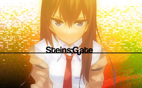 Anime picture 1500x938 with steins;gate white fox makise kurisu single long hair blue eyes brown hair wide image standing inscription wallpaper copyright name girl shirt necktie jacket