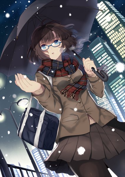 Anime picture 1000x1415 with original abusoru single tall image fringe short hair open mouth blue eyes hair between eyes brown hair standing holding looking away sky ahoge outdoors white hair long sleeves pleated skirt multicolored hair