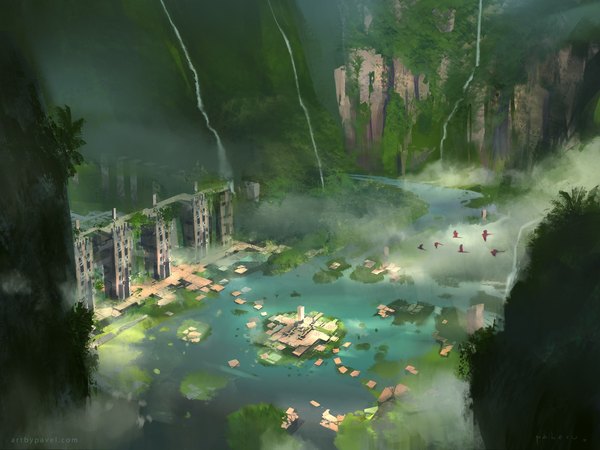 Anime picture 1100x825 with original paberu (pixiv) city landscape ruins waterfall lake plant (plants) animal tree (trees) water bird (birds)