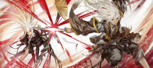 Anime picture 1300x581 with original pixiv fantasia pixiv fantasia t infukun long hair looking at viewer fringe wide image silver hair bent knee (knees) white hair pointy ears black eyes wide sleeves leaning leaning forward thighhighs boy ribbon (ribbons) weapon