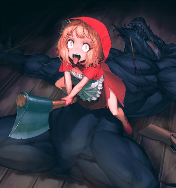 Anime picture 955x1024 with little red riding hood little red riding hood (character) big bad wolf cozy single tall image short hair open mouth lying pink eyes orange hair torn clothes muscle death crazy crazy eyes girl skirt weapon animal