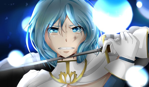 Anime picture 3000x1751 with mahou shoujo madoka magica shaft (studio) miki sayaka thelittlepoptart single looking at viewer fringe highres short hair blue eyes wide image blue hair tears blue background eyebrows clenched teeth bloody weapon girl gloves weapon