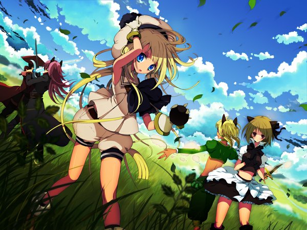 Anime picture 1000x750 with original pixiv fantasia rugo long hair short hair blue eyes blonde hair red eyes multiple girls animal ears pink hair sky cloud (clouds) wind battle girl dress weapon plant (plants) sword