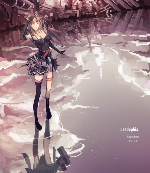 Anime-Bild 1391x1600 mit original novelance single long hair tall image fringe red eyes brown hair animal ears cloud (clouds) from above cat ears torn clothes reflection ruins destruction mechanical girl thighhighs gloves