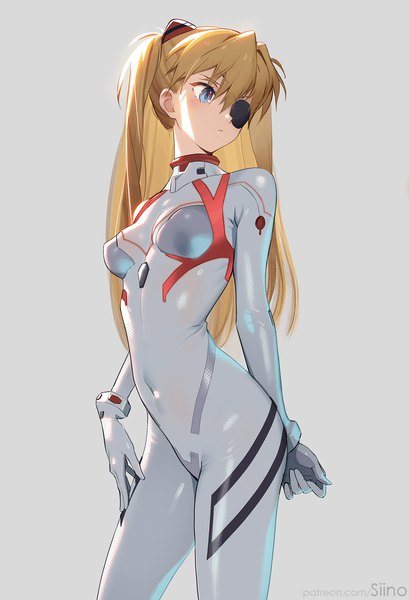 Anime picture 1200x1762 with neon genesis evangelion rebuild of evangelion evangelion: 3.0 you can (not) redo gainax soryu asuka langley shikinami asuka langley siino single long hair tall image fringe blue eyes simple background blonde hair standing signed looking away head tilt grey background two side up