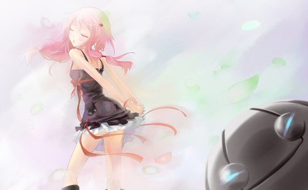 Anime picture 1737x1073 with guilty crown production i.g yuzuriha inori fyu-neru initial f single long hair blush highres wide image pink hair eyes closed girl hair ornament ribbon (ribbons) bracelet hairclip sundress