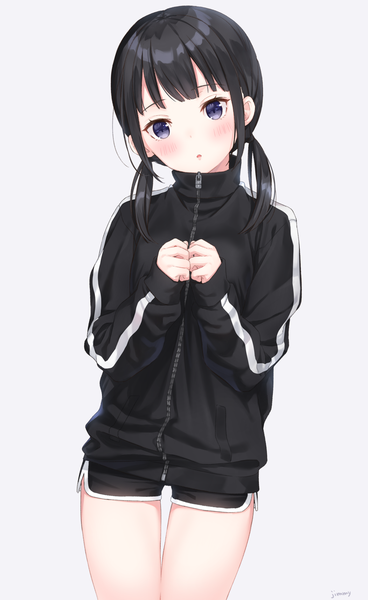 Anime picture 1051x1714 with original jimmy madomagi single long hair tall image looking at viewer blush fringe open mouth blue eyes black hair simple background standing twintails payot blunt bangs long sleeves head tilt grey background :o