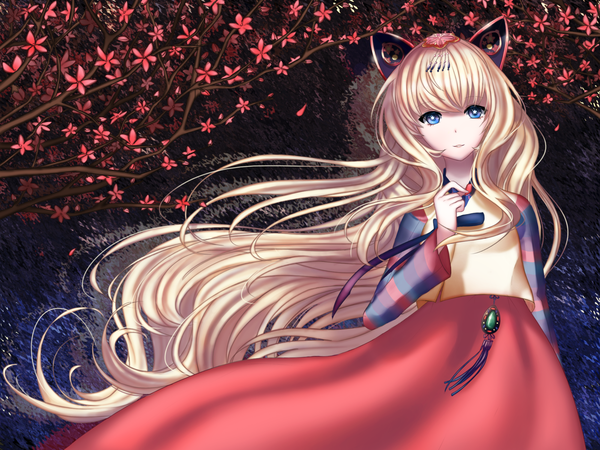Anime picture 2000x1500 with vocaloid seeu kkorichan single looking at viewer fringe highres blue eyes simple background blonde hair animal ears long sleeves very long hair traditional clothes light smile wind cat ears alternate costume cherry blossoms dark background