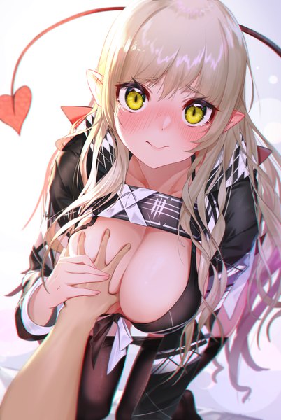 Anime picture 2794x4169 with original nonaginta novem long hair tall image looking at viewer blush fringe highres breasts light erotic simple background blonde hair smile large breasts yellow eyes tail blunt bangs pointy ears embarrassed breast grab