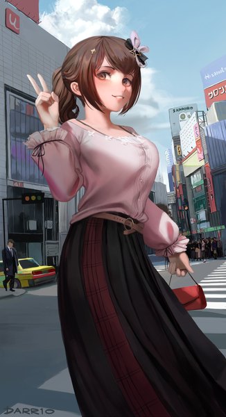 Anime picture 1003x1846 with virtual youtuber hololive sapporo (beer) tokino sora darr1o tall image looking at viewer blush fringe short hair breasts smile brown hair large breasts standing holding brown eyes signed payot sky