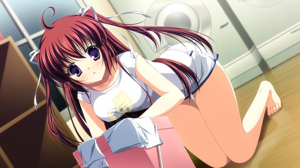 Anime picture 1024x576 with uni. special limited edition (game) long hair wide image purple eyes game cg ahoge red hair girl