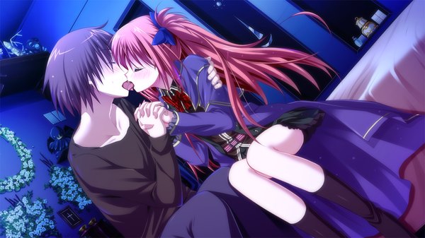 Anime picture 1280x720 with master re:master (game) long hair short hair black hair wide image game cg red hair couple holding hands kiss girl boy uniform school uniform tongue