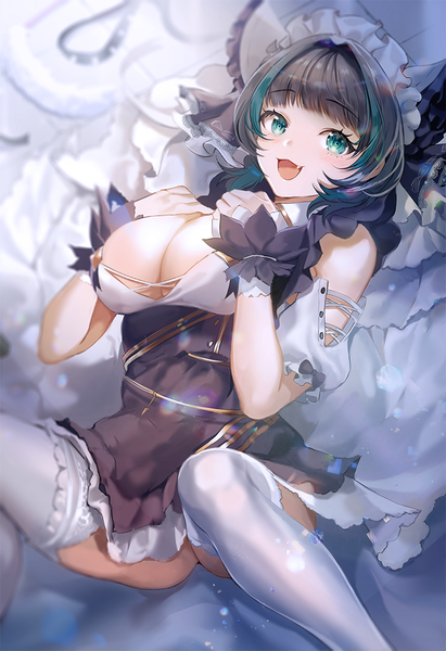 Anime picture 700x1021 with azur lane cheshire (azur lane) boba single tall image looking at viewer fringe short hair breasts open mouth light erotic black hair large breasts cleavage :d multicolored hair aqua eyes two-tone hair spread legs streaked hair