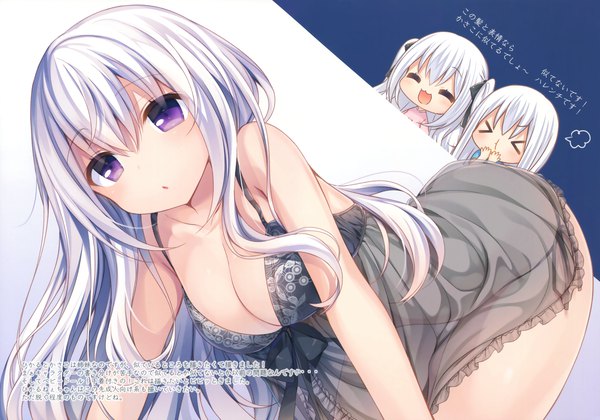 Anime picture 4845x3399 with original komeshiro kasu long hair looking at viewer blush fringe highres breasts open mouth light erotic simple background hair between eyes large breasts white background purple eyes twintails bare shoulders payot absurdres white hair