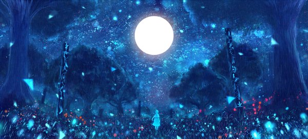 Anime picture 1592x720 with original bounin single long hair wide image standing sky from behind night night sky glowing field girl plant (plants) tree (trees) moon star (stars) grass full moon forest