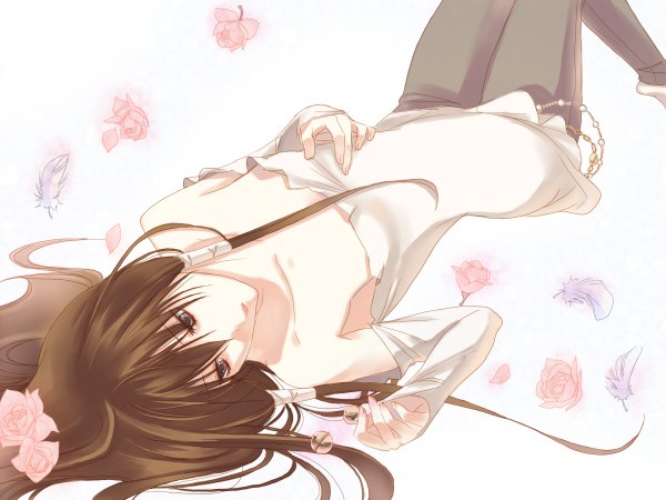 Anime picture 1200x900 with getbackers studio deen fuuchouin kazuki hirai chika long hair brown hair white background bare shoulders lying black eyes otoko no ko boy rose (roses) bell feather (feathers)