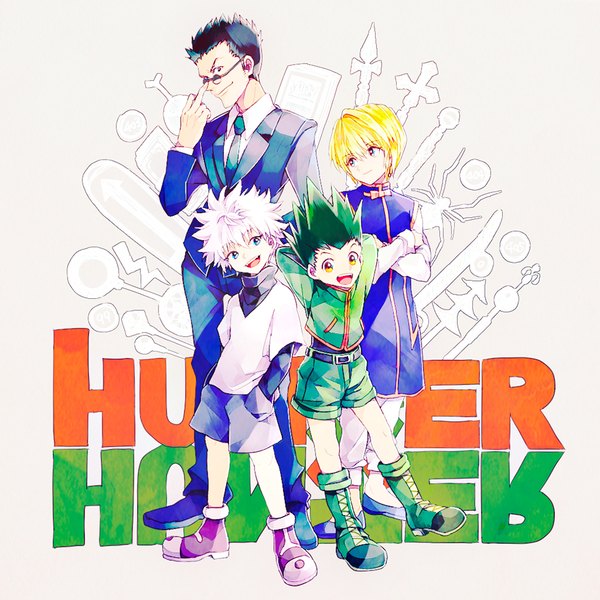 Anime picture 1000x1000 with hunter x hunter killua zaoldyeck kurapica gon freaks leorio paladiknight tsuyuxxx short hair open mouth blue eyes black hair blonde hair standing yellow eyes white hair :d green hair multiple boys copyright name crossed arms arms behind head