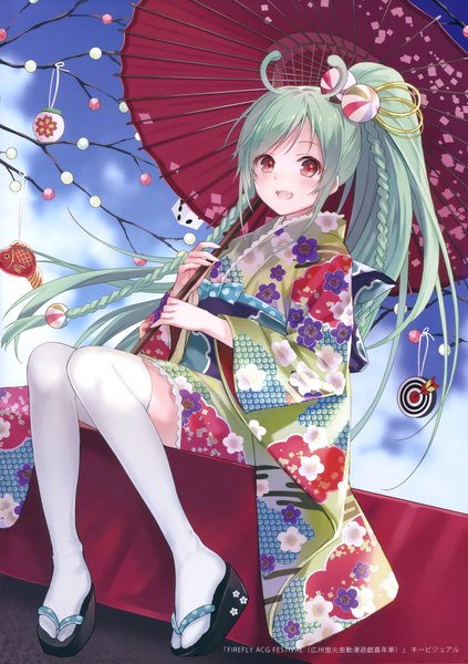 Anime picture 2681x3800 with original fukahire (ruinon) single long hair tall image looking at viewer blush highres open mouth red eyes ponytail traditional clothes japanese clothes green hair scan girl thighhighs hair ornament white thighhighs kimono