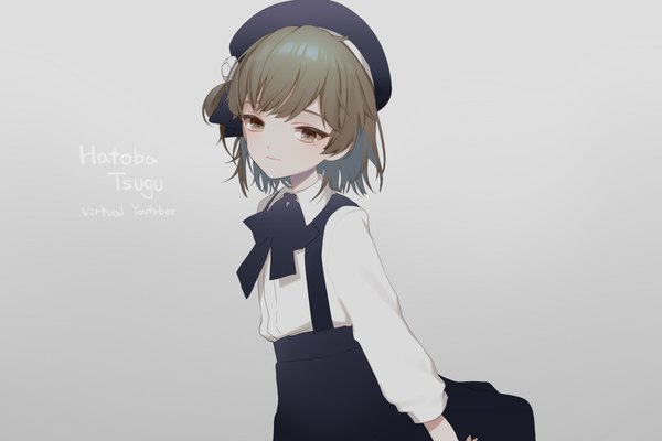 Anime picture 1800x1200 with virtual youtuber tsugu (vtuber) hatoba tsugu asd13 single looking at viewer highres short hair simple background brown hair brown eyes grey background character names girl beret blouse