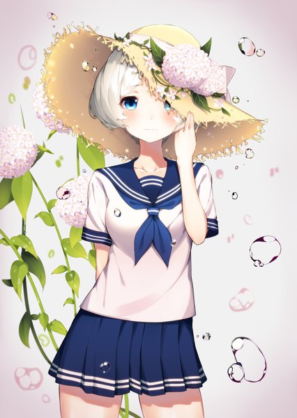 Anime picture 2480x3496 with original the cold single tall image looking at viewer blush highres short hair blue eyes simple background white hair grey background arm behind back adjusting hat hat over eyes girl uniform flower (flowers) hat serafuku