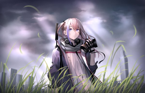 Anime picture 1239x800 with girls frontline st ar-15 (girls frontline) shijiu (adamhutt) single long hair looking at viewer fringe blue eyes hair between eyes standing holding pink hair sky cloud (clouds) outdoors parted lips wind sunlight open jacket one side up