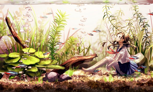 Anime-Bild 1500x900 mit original yuzua single long hair brown hair wide image sitting brown eyes full body bent knee (knees) pleated skirt barefoot bare legs floating hair looking up underwater girl skirt uniform animal