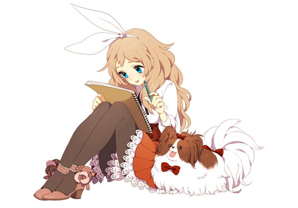 Anime picture 1000x700 with original ni02 (asahi nini) long hair open mouth blue eyes simple background blonde hair white background sitting girl dress bow hair bow animal pantyhose dog sketchbook