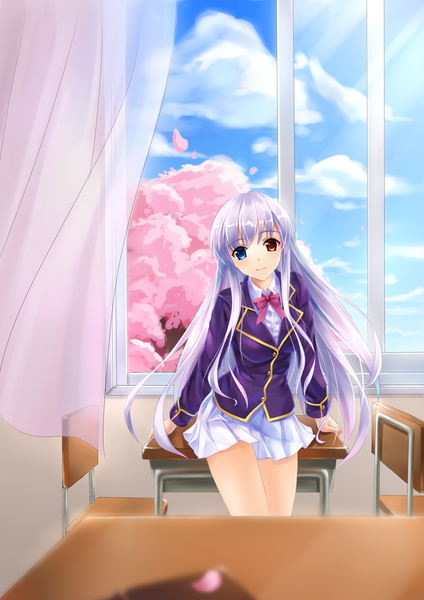 Anime picture 2480x3507 with original ame no uta (aria-rain) single long hair tall image blush highres blue eyes smile red eyes pink hair sky cloud (clouds) pleated skirt heterochromia cherry blossoms girl skirt uniform plant (plants)