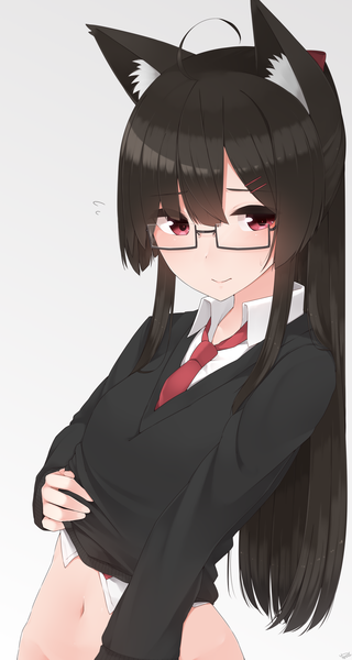 Anime picture 2000x3748 with kantai collection choukai heavy cruiser yukichi (sukiyaki39) single long hair tall image looking at viewer blush fringe highres light erotic simple background red eyes brown hair standing animal ears payot upper body ahoge ponytail