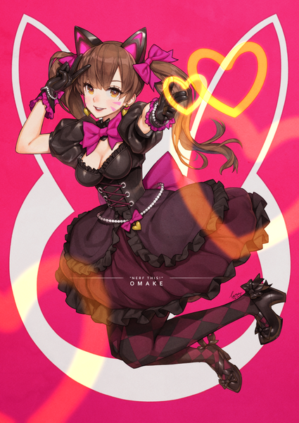 Anime picture 743x1050 with overwatch blizzard entertainment d.va (overwatch) efmoe single long hair tall image looking at viewer blush fringe breasts open mouth black hair brown hair twintails brown eyes animal ears cleavage full body :d