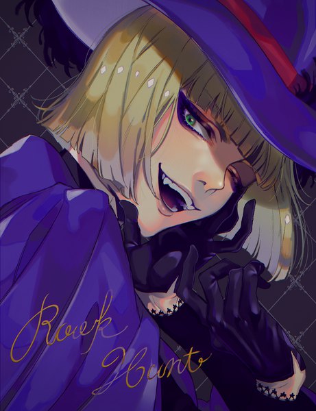 Anime picture 1000x1300 with twisted wonderland rook hunt kajino single tall image looking at viewer fringe short hair open mouth blonde hair green eyes blunt bangs one eye closed wink teeth character names eyeshadow ;d boy gloves