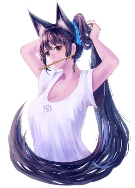 Anime picture 1080x1500 with original bounin single long hair tall image looking at viewer fringe simple background brown hair white background holding brown eyes animal ears ponytail very long hair mouth hold girl ribbon (ribbons) hair ribbon t-shirt