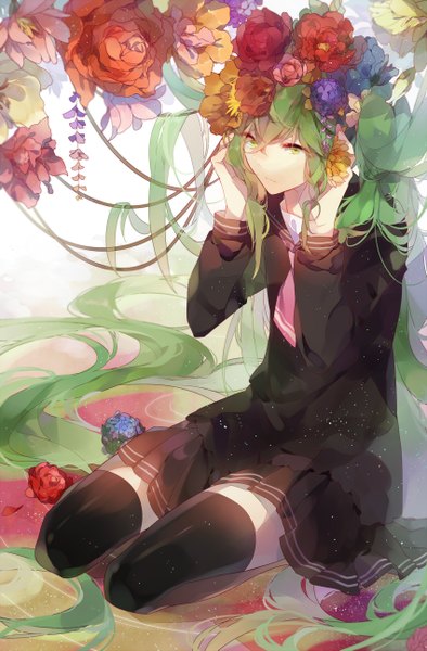 Anime picture 850x1293 with vocaloid hatsune miku moca (p0ckylo) single tall image looking at viewer twintails green eyes full body very long hair green hair zettai ryouiki girl thighhighs skirt flower (flowers) black thighhighs serafuku necktie