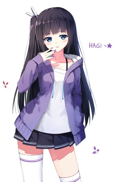 Anime picture 2000x3019 with original hagi (ame hagi) single long hair tall image highres blue eyes black hair simple background white background girl thighhighs skirt white thighhighs