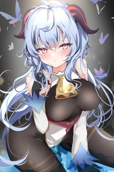 Anime picture 650x980 with genshin impact ganyu (genshin impact) pon (ponidrop) single long hair tall image looking at viewer blush fringe breasts light erotic hair between eyes large breasts sitting bare shoulders payot blue hair traditional clothes pink eyes horn (horns)