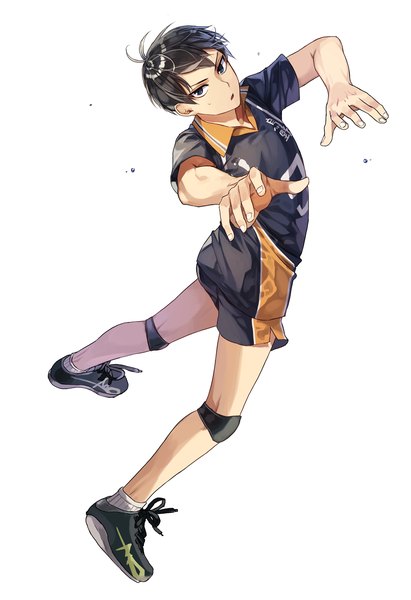 Anime picture 1500x2188 with haikyuu!! production i.g kageyama tobio kim eb single tall image looking at viewer short hair black hair simple background white background full body ahoge fingernails from above black eyes sweat outstretched hand jumping volleyball