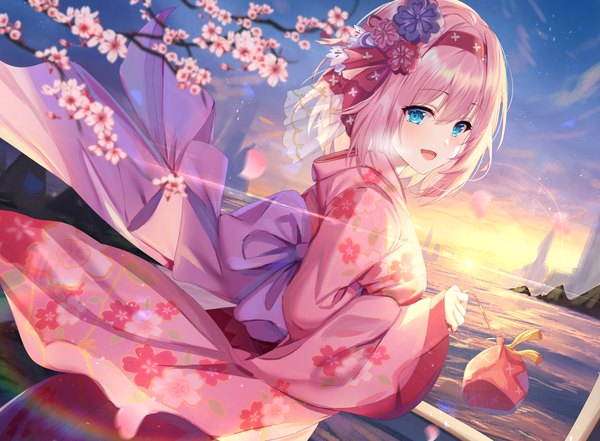 Anime picture 5244x3856 with princess connect! re:dive princess connect! yui (princess connect!) shanguier single looking at viewer blush fringe highres short hair blue eyes smile hair between eyes holding pink hair absurdres sky cloud (clouds) traditional clothes japanese clothes