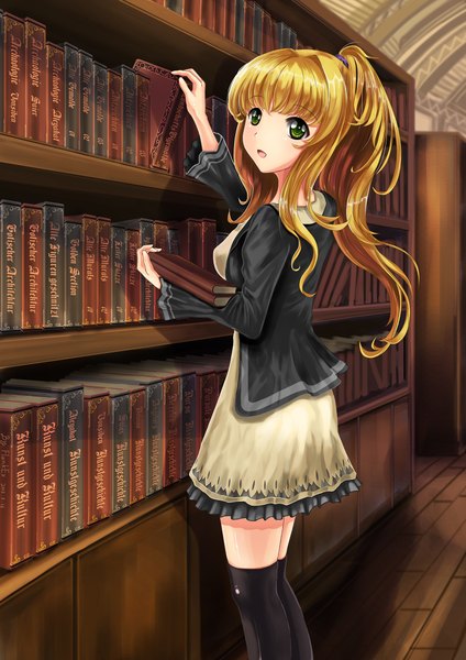 Anime picture 1448x2048 with original rhineheim single long hair tall image looking at viewer open mouth blonde hair green eyes ponytail girl thighhighs dress black thighhighs book (books) shelf bookshelf