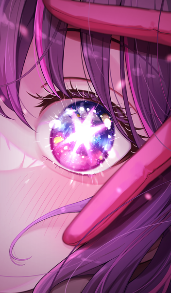 イラスト 2002x3416 と 推しの子 星野アイ komugiko (0kmgk) ソロ 長身像 赤面 highres 紫目 purple hair symbol-shaped pupils close-up 女の子 手袋 pink gloves 目