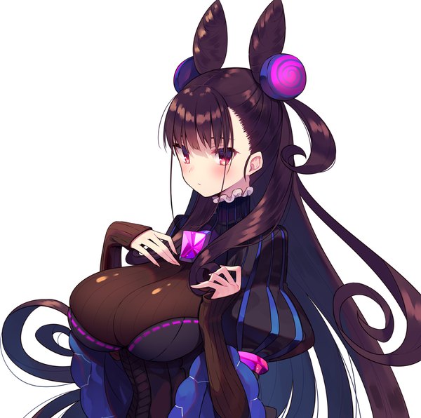 Anime-Bild 1511x1500 mit fate (series) fate/grand order murasaki shikibu (fate) usamata single long hair looking at viewer blush fringe breasts light erotic simple background red eyes brown hair white background payot upper body blunt bangs hair bun (hair buns) two side up