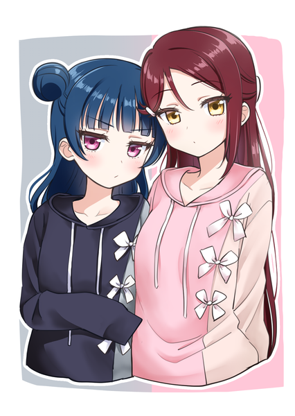 Anime picture 1240x1748 with love live! sunshine!! sunrise (studio) love live! sakurauchi riko tsushima yoshiko deadnooodles long hair tall image looking at viewer blush fringe simple background hair between eyes purple eyes multiple girls yellow eyes blue hair upper body red hair blunt bangs