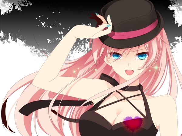 Anime picture 1000x749 with vocaloid megurine luka single long hair looking at viewer open mouth blue eyes bare shoulders pink hair girl hat