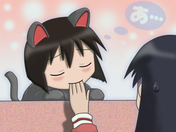 Anime picture 1024x768 with azumanga daioh j.c. staff sakaki aida kaori long hair blush fringe short hair black hair holding animal ears tail eyes closed animal tail from behind cat ears cat girl cat tail sweat mouth hold