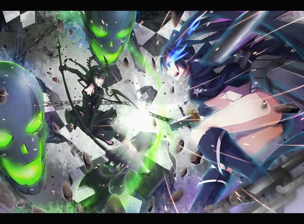 Anime picture 2100x1550 with black rock shooter black rock shooter (character) dead master paparins (artist) long hair highres open mouth blue eyes light erotic black hair twintails multiple girls green eyes ass green hair glowing glowing eye (eyes) battle girl weapon