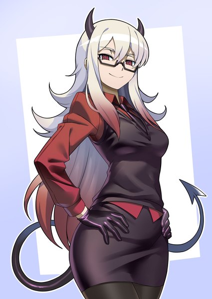 Anime picture 1280x1807 with helltaker original kyo-hei (kyouhei) single long hair tall image looking at viewer fringe simple background smile hair between eyes red eyes standing payot white hair red hair tail horn (horns) border gradient hair